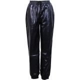 Black PU Leather Elastic Waist Drawstring Pants