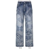 Stylish Letter Patches Denim Pants Jeans for Women