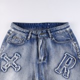 Stylish Letter Patches Denim Pants Jeans for Women