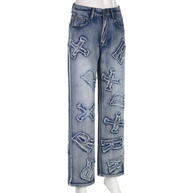 Stylish Letter Patches Denim Pants Jeans for Women