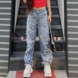 Stylish Letter Patches Denim Pants Jeans for Women