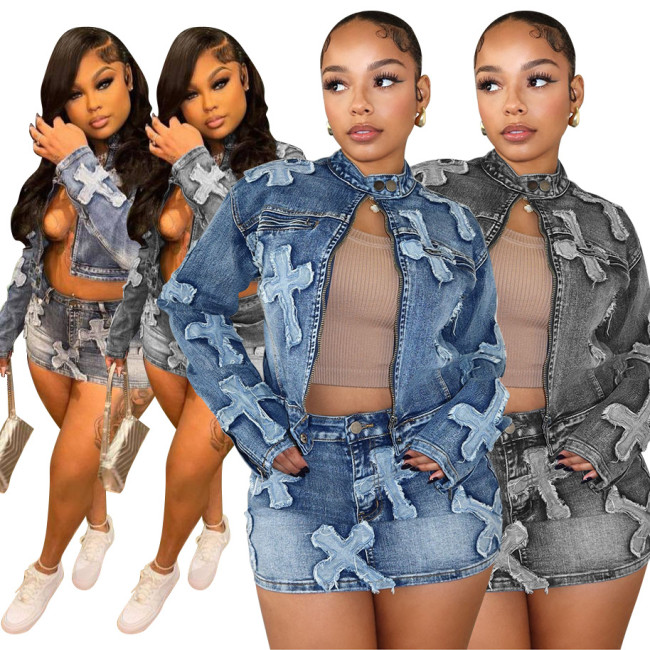 Stylish Denim Two Piece Set Applique Jacket and Skirt