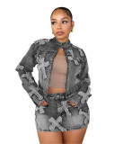 Stylish Denim Two Piece Set Applique Jacket and Skirt