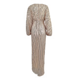 Sequined Long Sleeve V-Neck Sexy Maxi Evening Dress