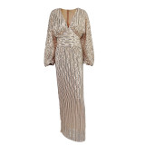 Sequined Long Sleeve V-Neck Sexy Maxi Evening Dress