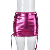 Trendy Tassel PU Leather Hollow Lace Up Mini Skirt
