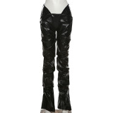 Fashion Ruched PU Leather Sexy Street Style Casual Pants