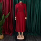 Fashion Chic Keyhole Long Sleeve Pleated African Swing Dress