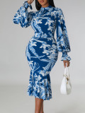 Floral Print Long Sleeve Bodycon Mermaid Midi Dress African Dress