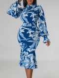 Floral Print Long Sleeve Bodycon Mermaid Midi Dress African Dress