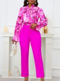 Floral Print Tie Neck Long Sleeve Blouse and Pants OL Two-piece Set
