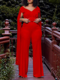 Women Solid Cape Sleeve V-neck Top and Wide Leg Pants Two-piece Set