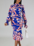 Floral Print Long Sleeve Bodycon Mermaid Midi Dress African Dress