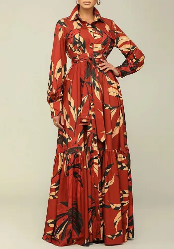 Floral Print Turndown Collar Tie Wiat Fashion Long Sleeve Maxi Shirt Dress