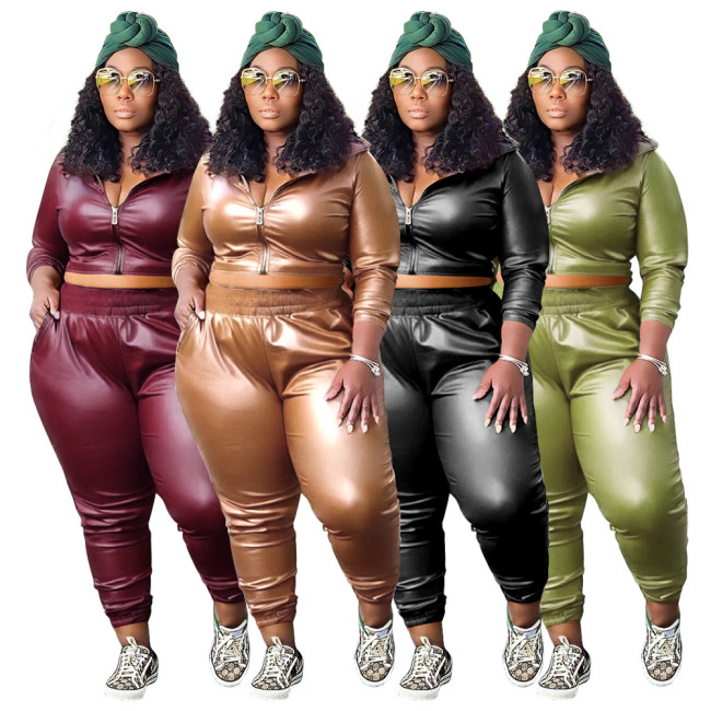 Plus Size Solid PU Leather Zipper Crop Top Two-Piece Pants Set