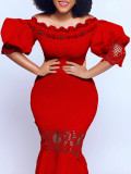 Lace Patchwork Off Shoulder Puff Sleeve Party Mermaid Dress