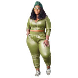 Plus Size Solid PU Leather Zipper Crop Top Two-Piece Pants Set