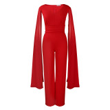 Women Solid Cape Sleeve V-neck Top and Wide Leg Pants Two-piece Set