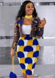 African Style Print Multi-Color Cropped Blazer and Midi Skirt Two Piece Skirt Set