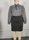 Fashion Plus Size Long Sleeve Houndstooth Shirt and Skirt Set