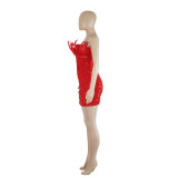 Red Sequin Feather Trim Sexy Strapless Bodycon Dress