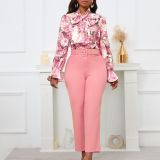 Floral Print Tie Neck Long Sleeve Blouse and Pants OL Two-piece Set