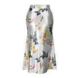 Plus Size Retro Floral Print High Waist Elegant Bodycon Long Skirt