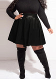 Plus Size Black PU Leather High Waist A-line Slim Pleated Skirt
