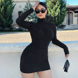 Solid Ruched Long Sleeve Bodycon Dress