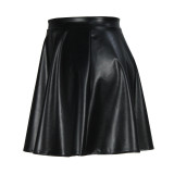 Plus Size Black PU Leather High Waist A-line Slim Pleated Skirt