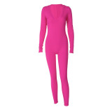 Solid V-Neck Sports Long Sleeve Tight Jumpsuit