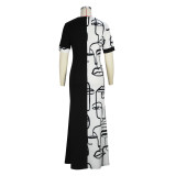 Printed Contrast Short Sleeve Round Neck Maxi Dress