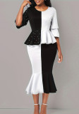 Plus Size 2PCS Set Black & White Contrast Beaded Peplum Top and Mermaid Skirt