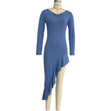 Blue Long Sleeve V-Neck Ruffles Irregular Dress