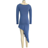 Blue Long Sleeve V-Neck Ruffles Irregular Dress