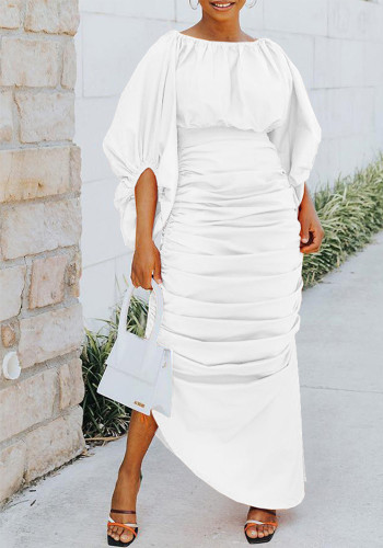 Solid Balloon Sleeve Irregular Ruched Long Dress