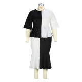 Plus Size 2PCS Set Black & White Contrast Beaded Peplum Top and Mermaid Skirt
