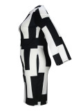Sexy Black and White Print Slit Long Sleeve Plus Bodycon Dress