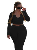 Plus Size Ribbed Sexy Long Sleeve Crop Top and Pants Set