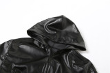 Trendy Black PU Leather Long Sleeve Zipper Short Hooded Jacket