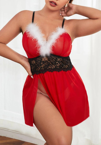 Christmas Furry Red Lace Patchwork Night Dress Sexy Lingerie