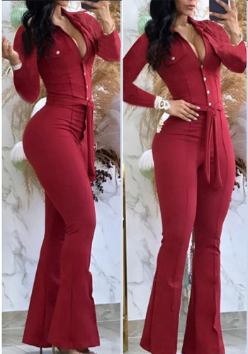 Turndown Collar Button Long Sleeve Flare Jumpsuit