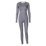 Work Out Print Tight Gray Long Sleeve Jumpsuit