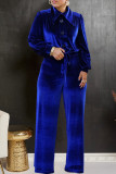 Solid Velvet Button Shirt and Belted Pants Two Piece Set