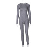 Work Out Print Tight Gray Long Sleeve Jumpsuit