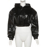 Trendy Black PU Leather Long Sleeve Zipper Short Hooded Jacket
