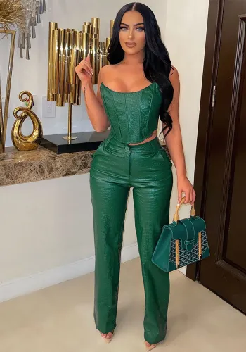 Strapless Pu Leather Top + Pants Sexy Fashion 2PCS Set