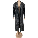 Black PU Leather Long Coat Windbreaker Jacket