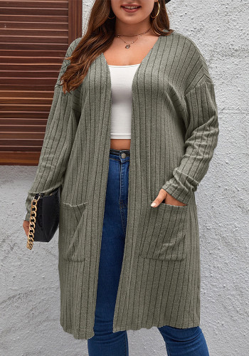 Plus Size Solid Ribbed Pocket Full Sleeve Long Cardigan