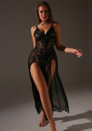 Lace See Through Black Long Slit Night Dress Sexy Lingerie
